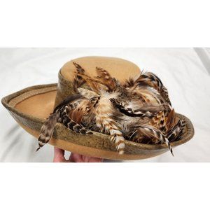 Vtg. Whittall & Shon Wool Felt & Feather Tan Large Hat